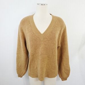 ICHI Ihemma Wool Sweater Camel Tan Knit Balloon Sleeves V-neck Size XL